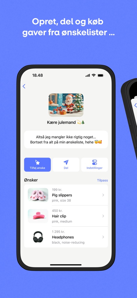 MobilePay - Users can manage wishlists, listing desired items with prices, and easily share them with others, as indicated by the 'Del' (Share) button.