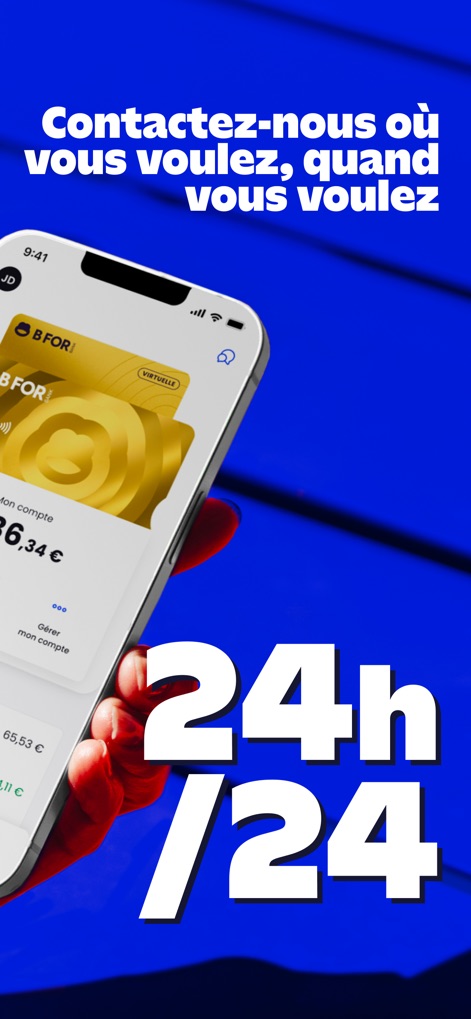 BforBank – Banque en ligne - L'application met en avant la disponibilité d'un service client 24h/24 et offre un aperçu immédiat du solde du compte.