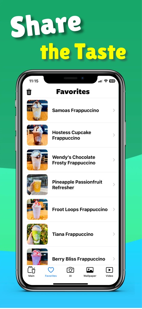 Starbucks secret menu! - 'Share the Taste'라는 문구 아래, 이 앱은 사용자가 즐겨찾는 '사모아 프라푸치노'와 같은 음료 목록과 각 레시피의 이미지를 통해 개인화된 경험을 제공합니다.