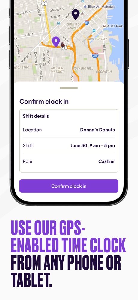 Homebase: Employee Scheduling App Store screenshot 4, headline “USE OUR GPS- ENABLED TIME CLOCK FROM ANY PHONE OR TABLET.”. Condensed or display type.