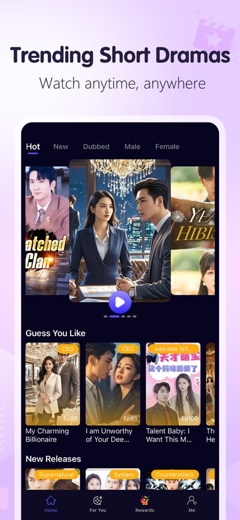 Snap Dramas – Trending Series - A interface principal exibe 'Trending Short Dramas', organizados por abas como 'Hot' e 'New', e sugestões personalizadas na seção 'Guess You Like'.