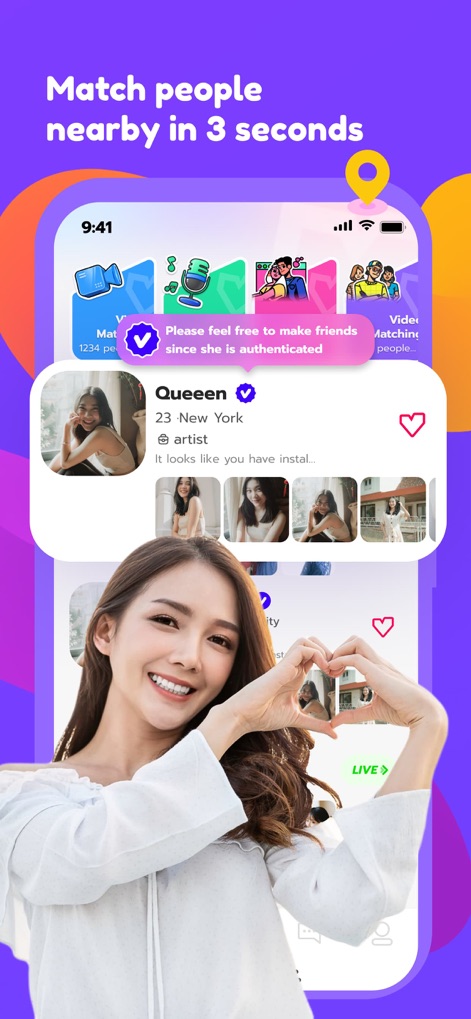 Voya - make friends for real - O aplicativo Voya conecta usuários a pessoas próximas em segundos, exibindo um perfil detalhado com a foto da "Queeen" e um distintivo de verificação que atesta a autenticidade do perfil.