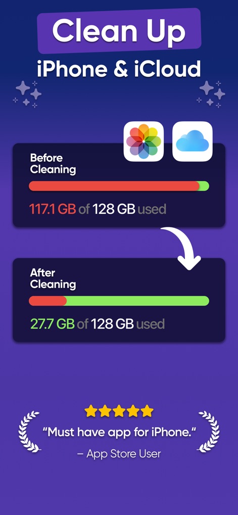 Cleaner ・Phone Storage Cleanup - This visual demonstrates the app's capability to drastically reduce used storage, showcasing the "Before Cleaning" and "After Cleaning" bars for iPhone and iCloud.