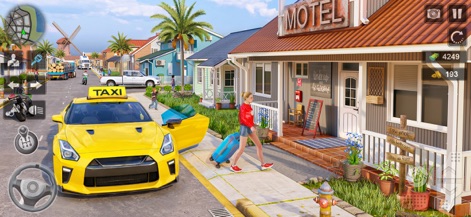 Radio Taxi Driving Game 2021 - Ein gelbes Taxi wartet vor einem Motel, während eine Passagierin mit ihrem Gepäck sich dem Fahrzeug nähert, bereit für die Weiterfahrt.