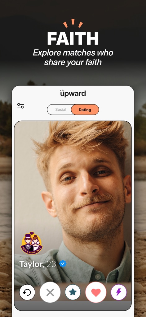 Upward: Dating for Christians - Users can easily find matches who align with their spiritual journey, prominently featuring the "FAITH" principle and showcasing individual profiles like "Taylor, 23" with relevant identifiers.