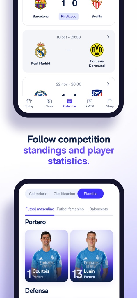 Real Madrid - Access detailed player profiles for both men's football and basketball teams, showcasing key players like Courtois and Lunin with their respective images and numbers.