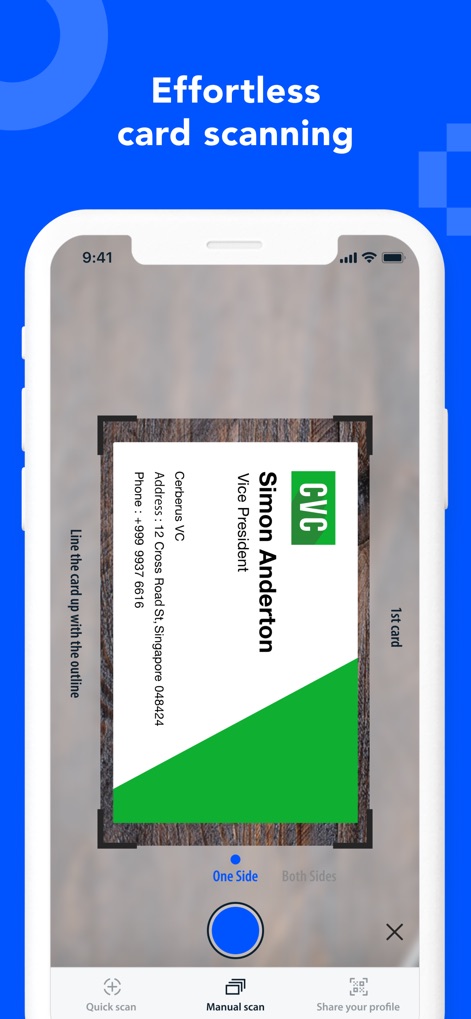 Eight: Business Card Manager - This tool demonstrates precise business card digitization with a clear framing guide and options for single or double-sided capture.