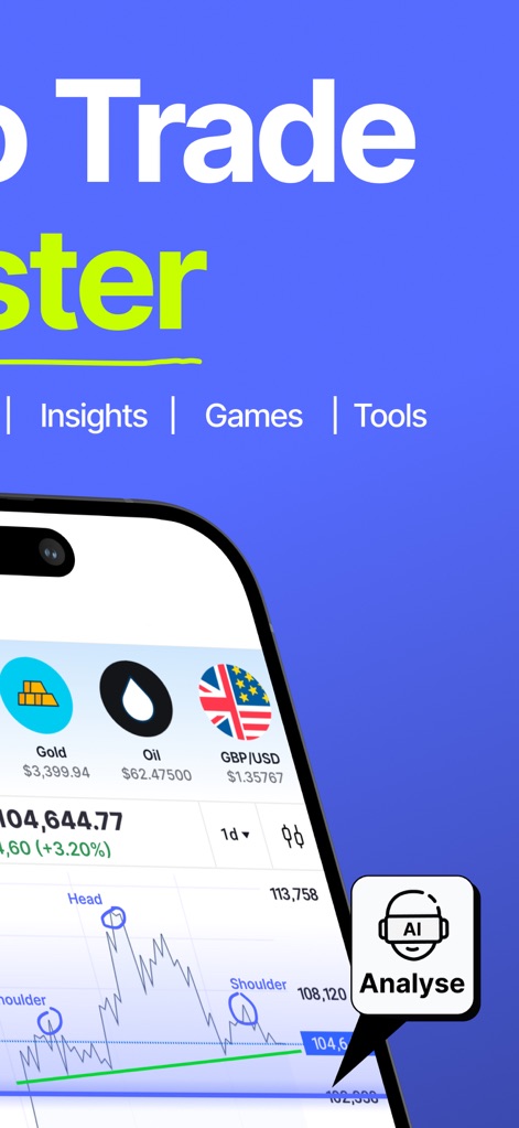 Trading Game - Stock Simulator - The app allows users to track diverse assets like Gold and Oil while providing AI-powered analysis for identifying complex chart patterns such as Head and Shoulders.