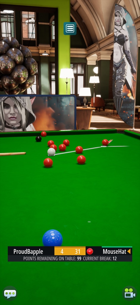 Snooker Blitz - L'app offre un contesto di gioco con dettagliati interni di una sala da biliardo, completato da distintivi banner con avatar dei giocatori che personalizzano l'esperienza visiva.