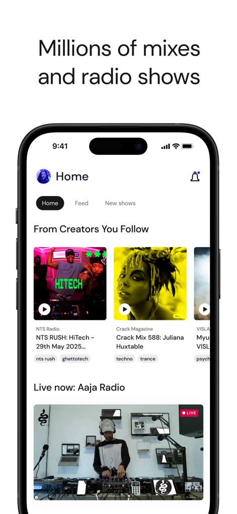 Mixcloud: Music, Mixes & Radio - Discover millions of mixes and radio shows within the app's dynamic "Home" feed, featuring "From Creators You Follow" sections and live stream indicators for real-time content.