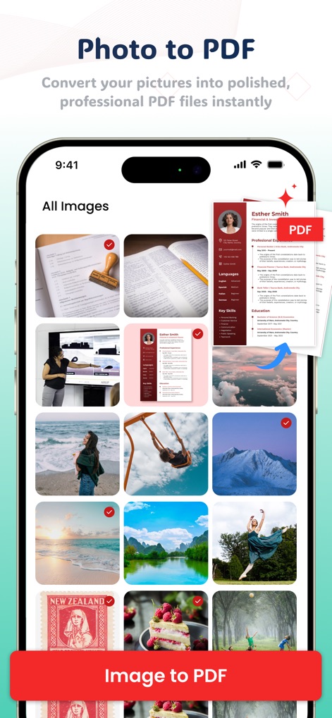 OKEN Scanner - PDF Scanner - Transformez vos photos en documents PDF professionnels en sélectionnant plusieurs images via des 'checkboxes' et en utilisant le bouton 'Image to PDF' pour une conversion instantanée.