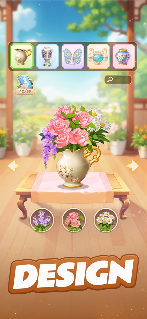 My Garden Tale - Explore the intuitive interface for flower arranging, featuring a selection of elegant vases and a wide range of blooms like roses and daisies.