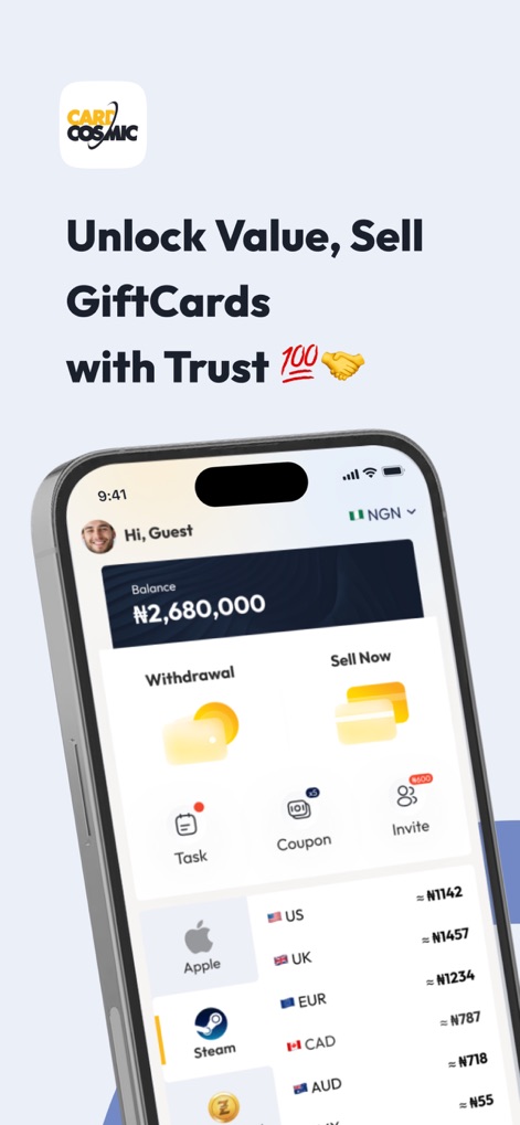 CardCosmic - Users can navigate the clean main dashboard, featuring a prominent balance display and direct access to 'Withdrawal' and 'Sell Now' actions, alongside a detailed list of popular gift card types and their conversion rates.