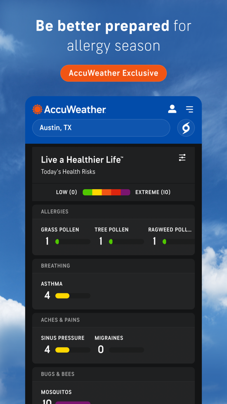 AccuWeather: Weather Forecast App Store screenshot 3, headline “Be better prepared for allergy season”. Dark.