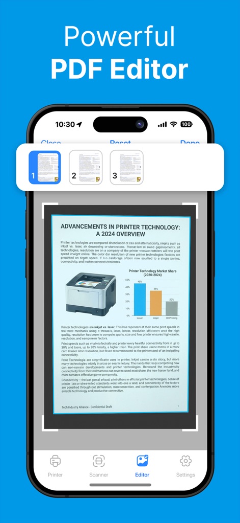 Printer: Smart Print App - L'application propose un éditeur PDF intégré robuste pour modifier et organiser les fichiers, avec une navigation facile par vignettes de pages pour une gestion fluide des documents.