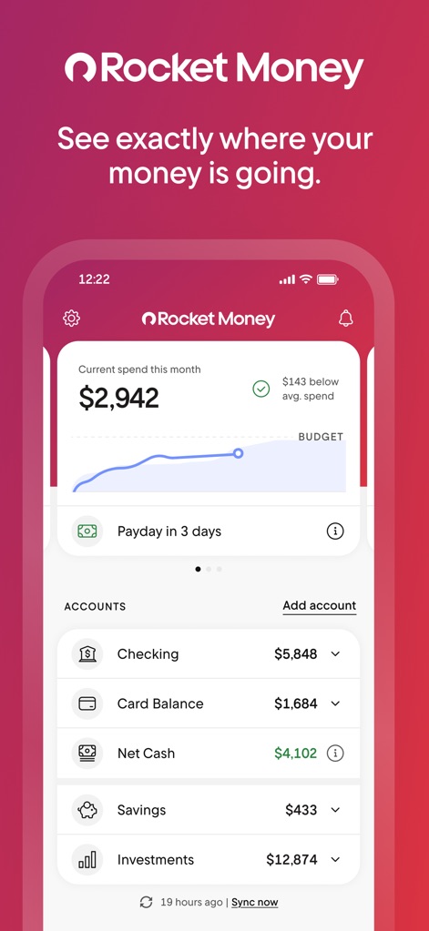 Rocket Money - Bills & Budgets - This screen presents a comprehensive financial overview, detailing current spending trends and displaying linked financial accounts like checking and investments for a holistic view.