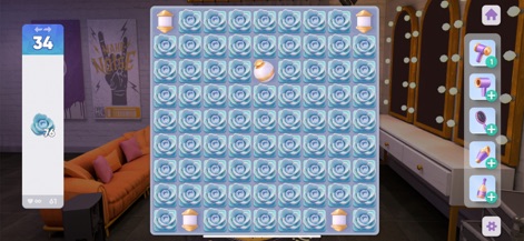 Hollywood Crush - Players can engage with the core match-3 mechanics, featuring a grid of intricate rose-shaped puzzle tiles and the visible "34" moves remaining counter for strategic gameplay.