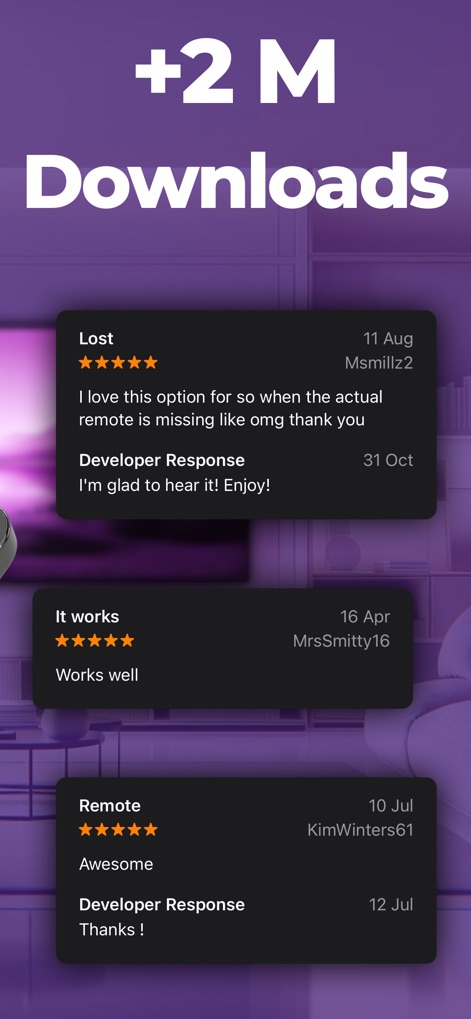 Universal remote for Roku tv - Explore glowing user reviews highlighting the app's reliability and impressive functionality, alongside evidence of its widespread adoption with over 2 million downloads.