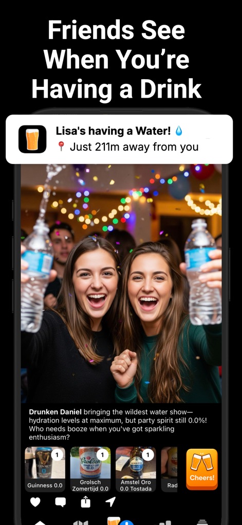 Beer Buddy - Friends Alerts - Les utilisateurs découvrent les activités de leurs amis via la notification de l'activité d'un ami, complétée par le fil d'actualité avec une photo de groupe des moments partagés.