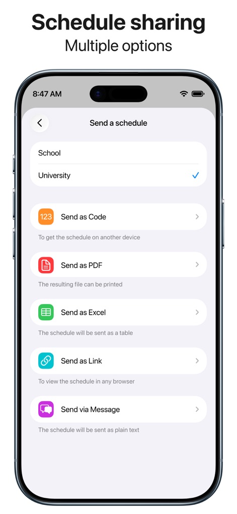 Smart Timetable: Study Planner - O aplicativo oferece múltiplas opções para compartilhar horários, incluindo o envio como um link direto ou a exportação em formato PDF para impressão.