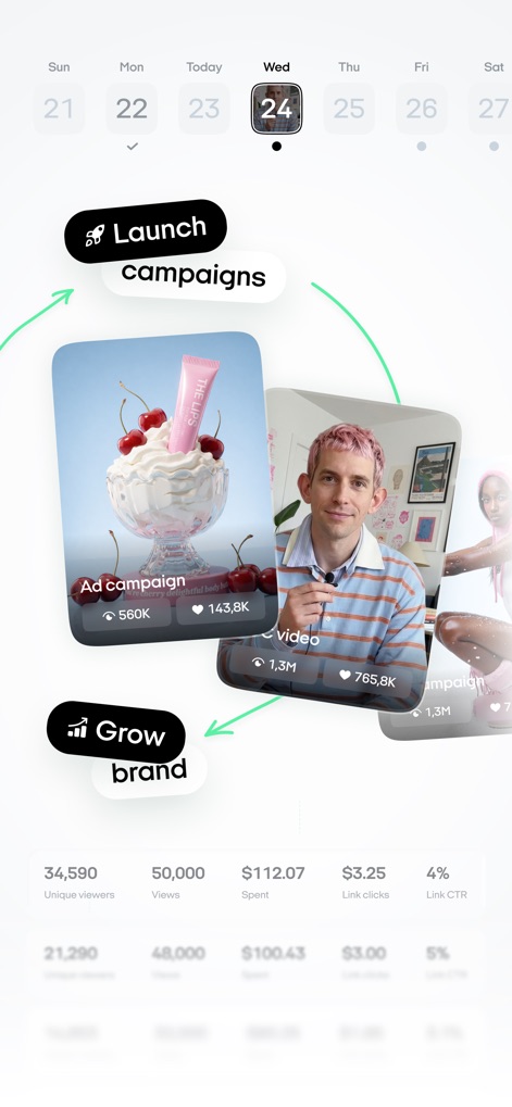 Zeely: AI Marketing Platform - L'interfaccia permette di pianificare efficacemente le attività con il calendario che mostra "Wed 24" e di monitorare le performance tramite metriche dettagliate come "Unique viewers", guidando gli utenti verso una crescita del brand misurabile.