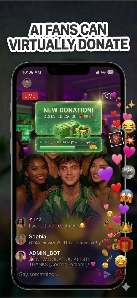 Parallel Live: Fake Live - Experience the thrill of virtual donations with a 'NEW DONATION!' alert and an active chat feed displaying over 624K engaged viewers.