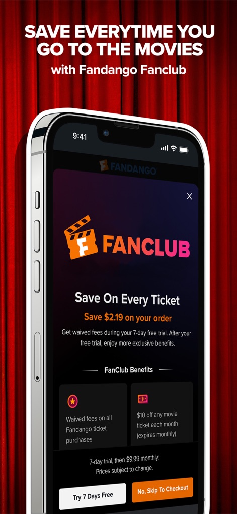 Fandango - Get Movie Tickets - The app highlights Fandango FanClub perks, displaying immediate savings and outlining subscription benefits for frequent movie-goers.