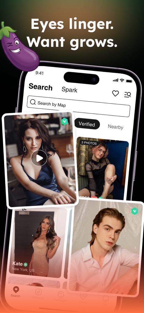 Transgender Dating: Translr - La interfaz de búsqueda permite a los usuarios explorar diversos perfiles con fotos y videos, incluyendo una función de 'Search by Map' para localizar conexiones cercanas.