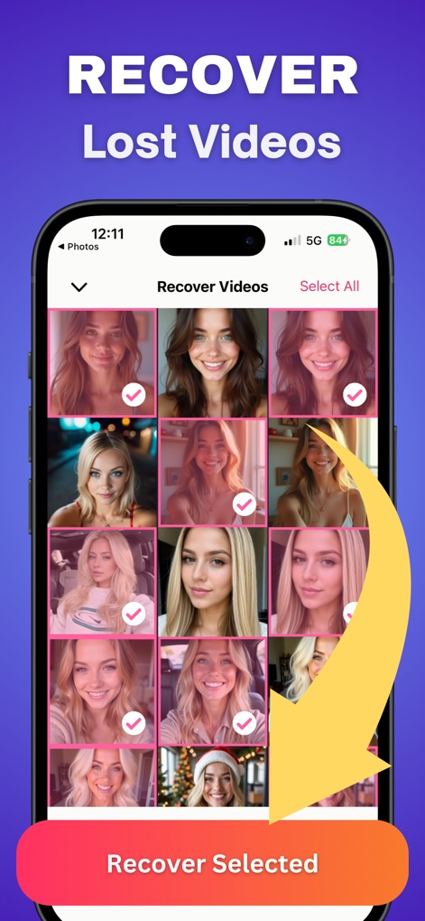 Photo Recovery: Pic Restore - La aplicación permite a los usuarios seleccionar videos de una cuadrícula para su restauración y resalta el botón 'Recover Selected' con una flecha indicativa.