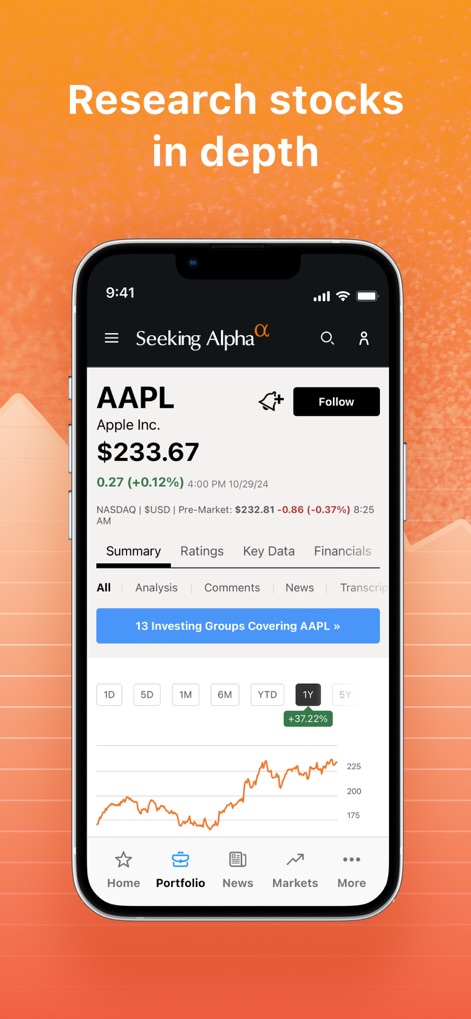 Seeking Alpha: News & Analysis - Users can conduct thorough research with detailed stock pages, offering tabs for "Financials" and an interactive performance "chart".