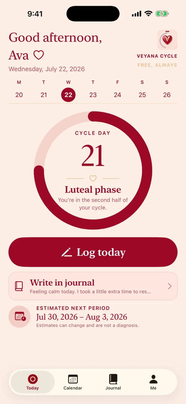 VEYANA Cycle daily cycle overview, shown in the App Store