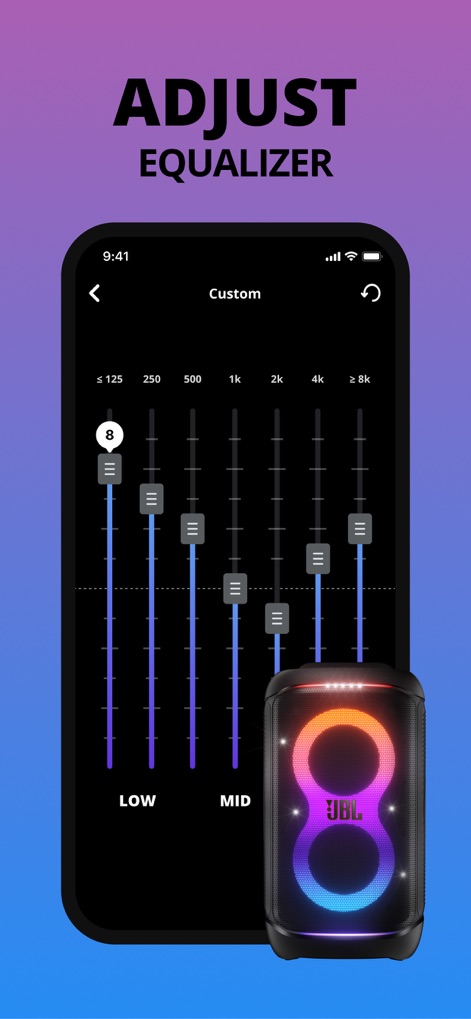 JBL PartyBox - Dieses Tool ermöglicht eine feine Audioabstimmung über einen grafischen Equalizer, sichtbar an Frequenzbändern von "125" bis "≥8k" und separaten "LOW"- und "MID"-Reglern.