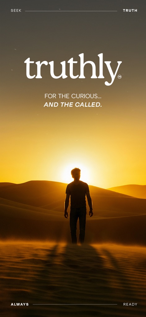 Truthly: Catholic AI - 이 앱은 해가 지는 사막의 실루엣 이미지와 함께 '호기심 많은 자와 부름 받은 자를 위하여'라는 강력한 슬로건을 통해 영적 탐구를 위한 여정을 제시합니다.