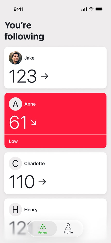 Dexcom Follow App Store screenshot 1, headline “You're following”. Red.