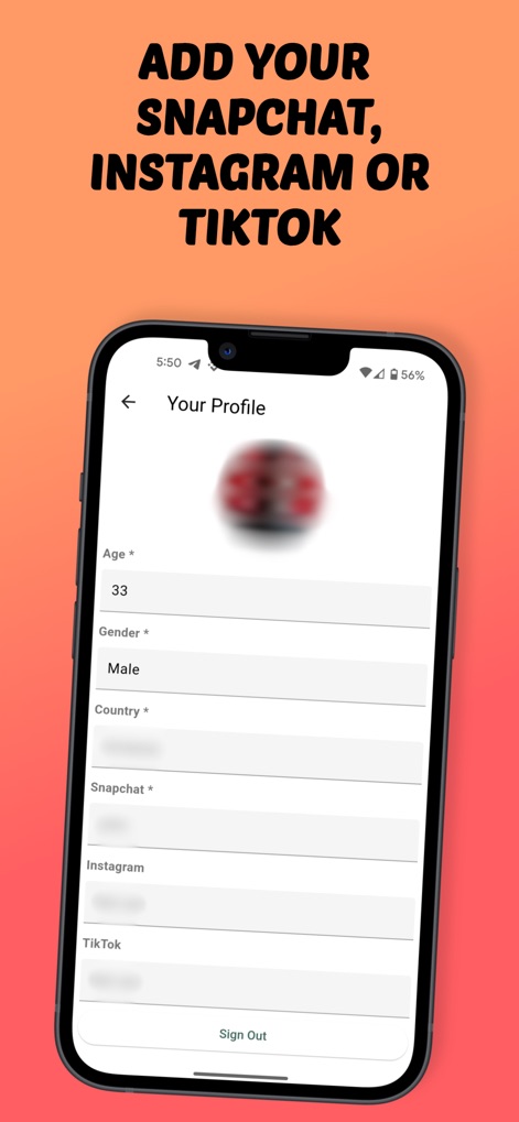 AddMeS - make new friends - The app allows users to personalize their profile by adding crucial information such as age and gender, and seamlessly integrating their various social media handles, including Snapchat and TikTok, directly into their profile.