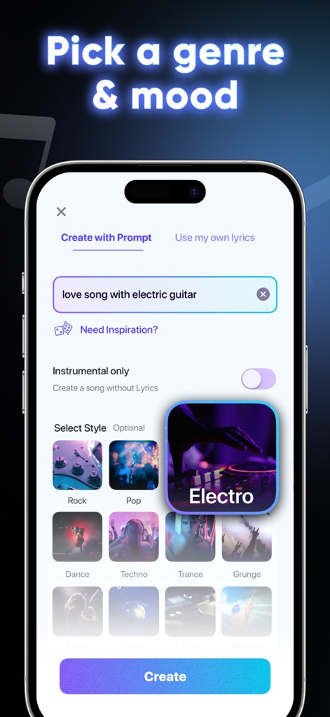 AI Music - Generator - Users can effortlessly describe their desired music with a text prompt, then refine their vision by selecting from diverse genres like 'Electro'.