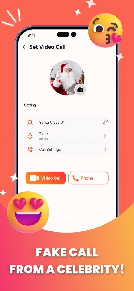 OMG Prank App Prank Sounds - Explore the 'Set Video Call' interface, enabling users to schedule a fake call from a chosen character like 'Santa Claus 01' and customize 'Call Settings' for realistic pranks.