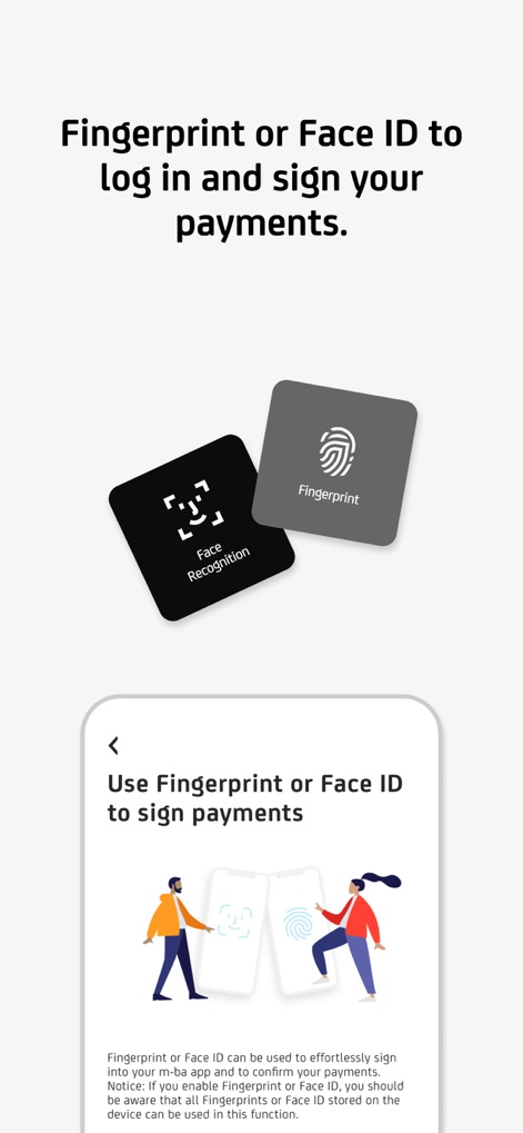 m-ba - 이 앱은 사용자가 'Face Recognition' 또는 'Fingerprint'를 활용하여 빠르고 안전하게 로그인하고 결제를 승인할 수 있도록 지원하며, 화면 하단의 설명은 이 기능의 활용 방법을 자세히 안내합니다.