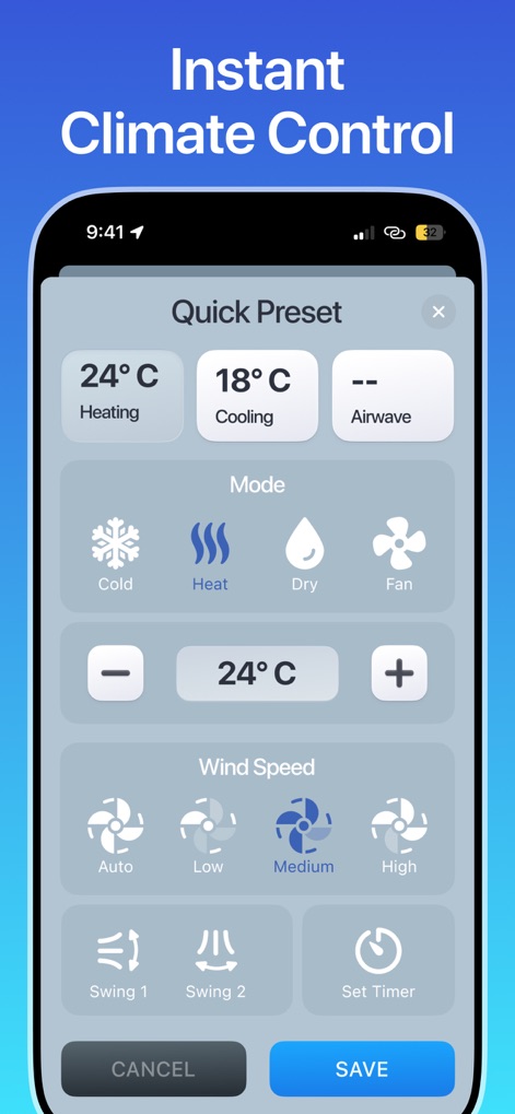 Air Conditioner Controller - Discover the detailed climate settings pop-up, offering diverse "Mode" options (Cold, Heat, Dry, Fan) and precise "Wind Speed" selections for optimal comfort.