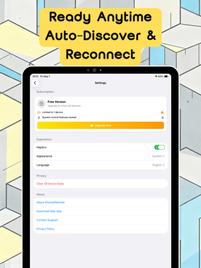 iPocketRemote iPad screenshot showing Fully local communication; privacy-safe