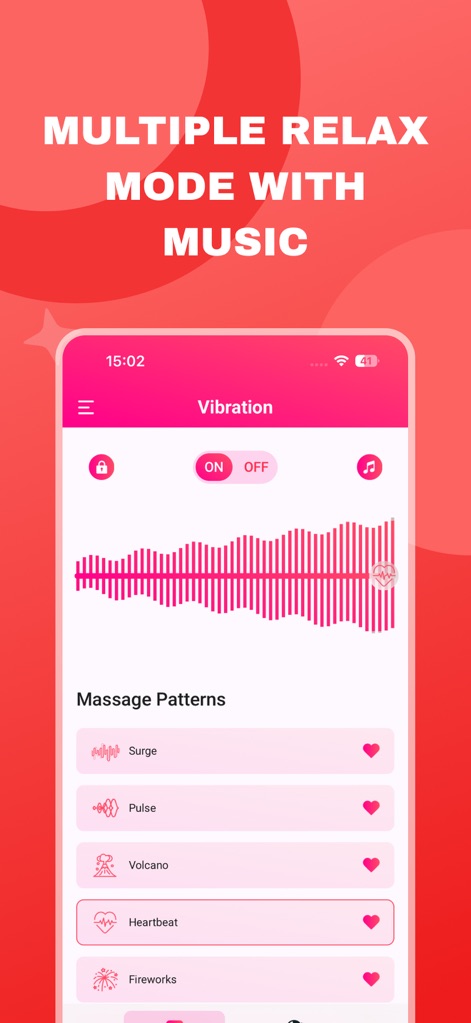 MeloZen: Vibe Your Music - Discover MeloZen's core innovation with a clear visual representation of vibration patterns and a selection of unique massage modes for personalized tactile comfort.