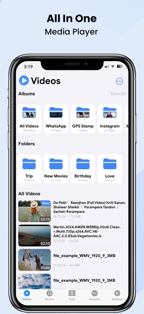 Video Player : All-in-One - The app provides robust media management, allowing users to organize videos into custom folders and albums, with each file clearly displayed with its thumbnail and relevant details.