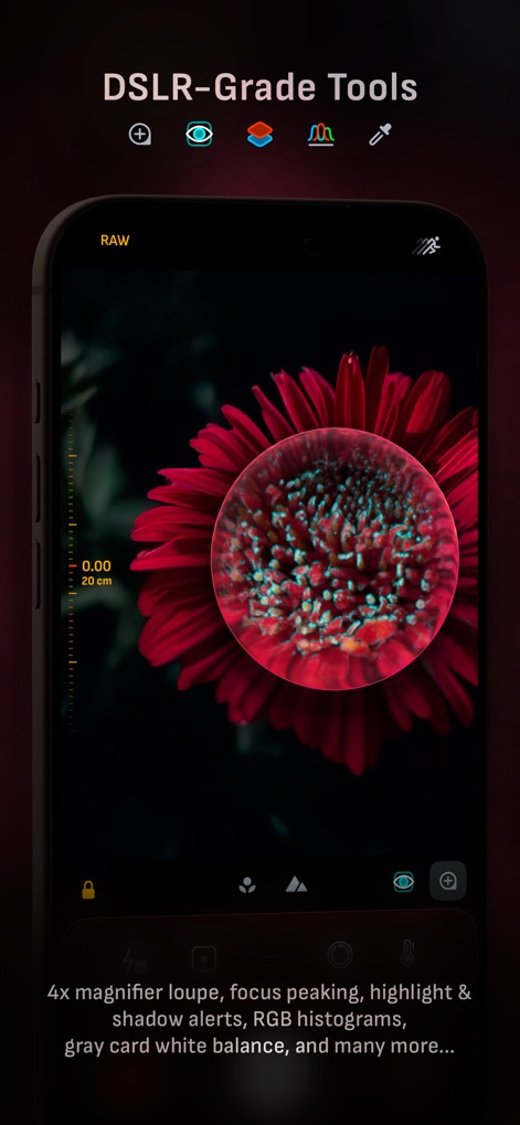 Camera M - Pro Manual Camera - Users can achieve critical focus with the 4x magnifier loupe and analyze exposure using live RGB histograms for optimal results.