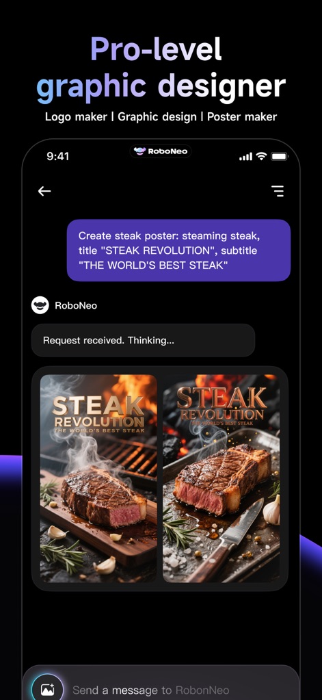 RoboNeo - Aquí se observa la capacidad de RoboNeo como diseñador gráfico profesional, generando dos 'diseños de póster de carne' a partir de una descripción textual detallada.