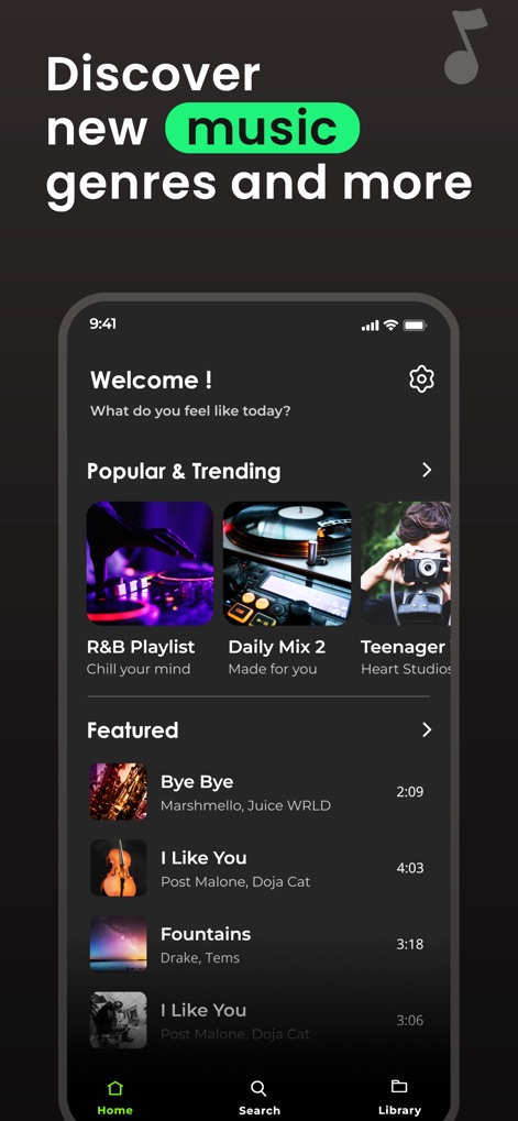 Music Player : Songs Streaming - See how Music Player : Songs Streaming organizes a "Popular & Trending" section and personalized "Featured" song listings for effortless music discovery.