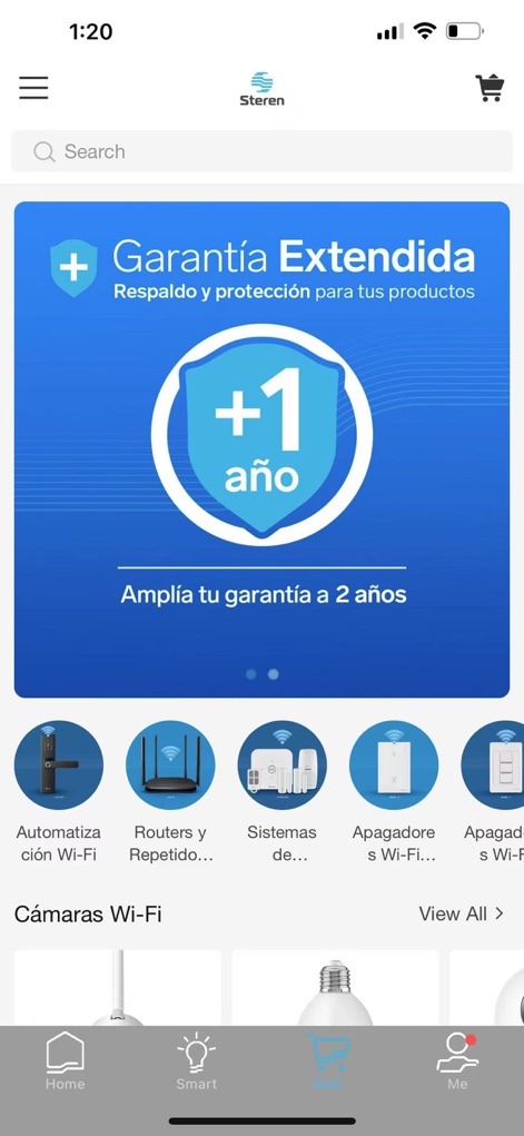 Steren Home - The app seamlessly integrates a product mall, highlighting extended warranty options and categorized smart devices such as 'Wi-Fi Cameras' for effortless browsing.