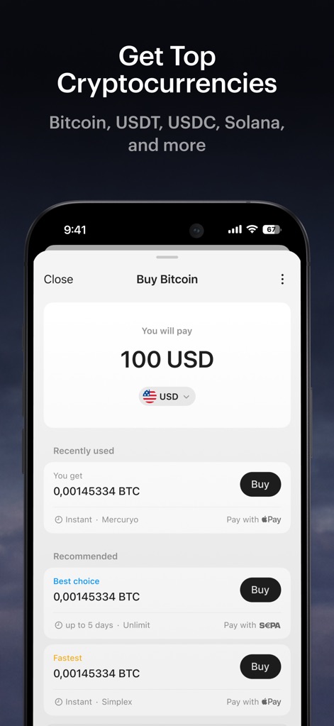 Tangem - Crypto wallet - Dieser Screenshot stellt die Funktion "Get Top Cryptocurrencies" dar, die Nutzern den Kauf von Kryptowährungen wie "Bitcoin" über verschiedene Anbieter wie "Mercuryo" und "Simplex" ermöglicht.