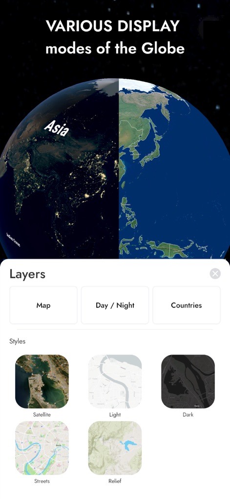 Globe 3D - Planet Earth Guide - The app offers various display modes for the globe, enabling users to customize their view with options like day/night rendering and a selection of detailed map styles.