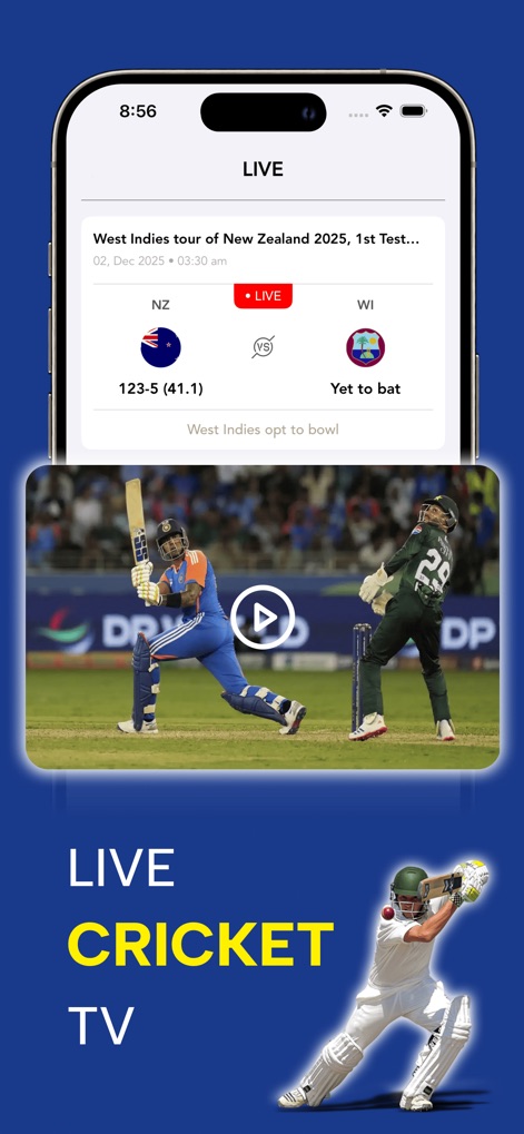 CricFy TV : Live Cricket TV - The app provides immediate real-time match scores and a seamless embedded video player for live cricket streaming.