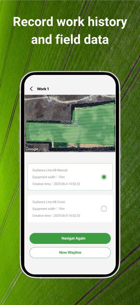 Tractor GPS : Field Navigator - L'application conserve un historique détaillé des travaux, incluant la visualisation cartographique des parcours effectués et les paramètres comme la ligne de guidage et la largeur de l'équipement.
